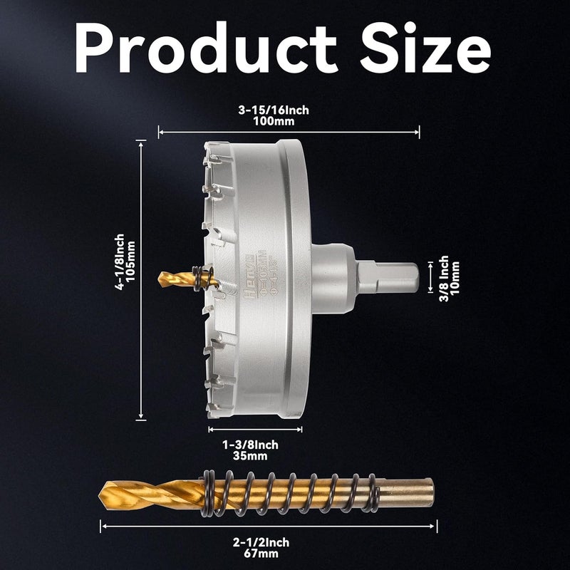 Henvo Hole Saw 4-1/8" (105mm) Heavy Duty Carbide with 2 Pilot Drill Bits - Metal Hole Cutter Cuts Stainless Steel, Iron, Copper, Brass, Plastic - Image 2